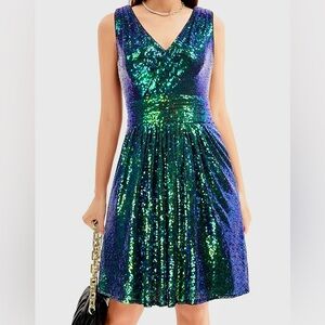 NWOT Women’s Blue and Green Sequined Cocktail Dinner Party Christmas Dress